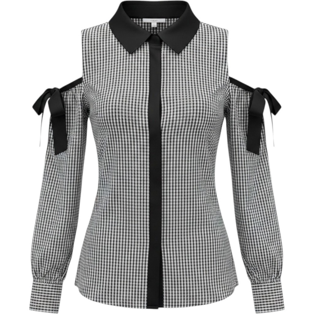 Rebecca Vallance Gingham Cold Shoulder Tie Shirt Navy White US 8
